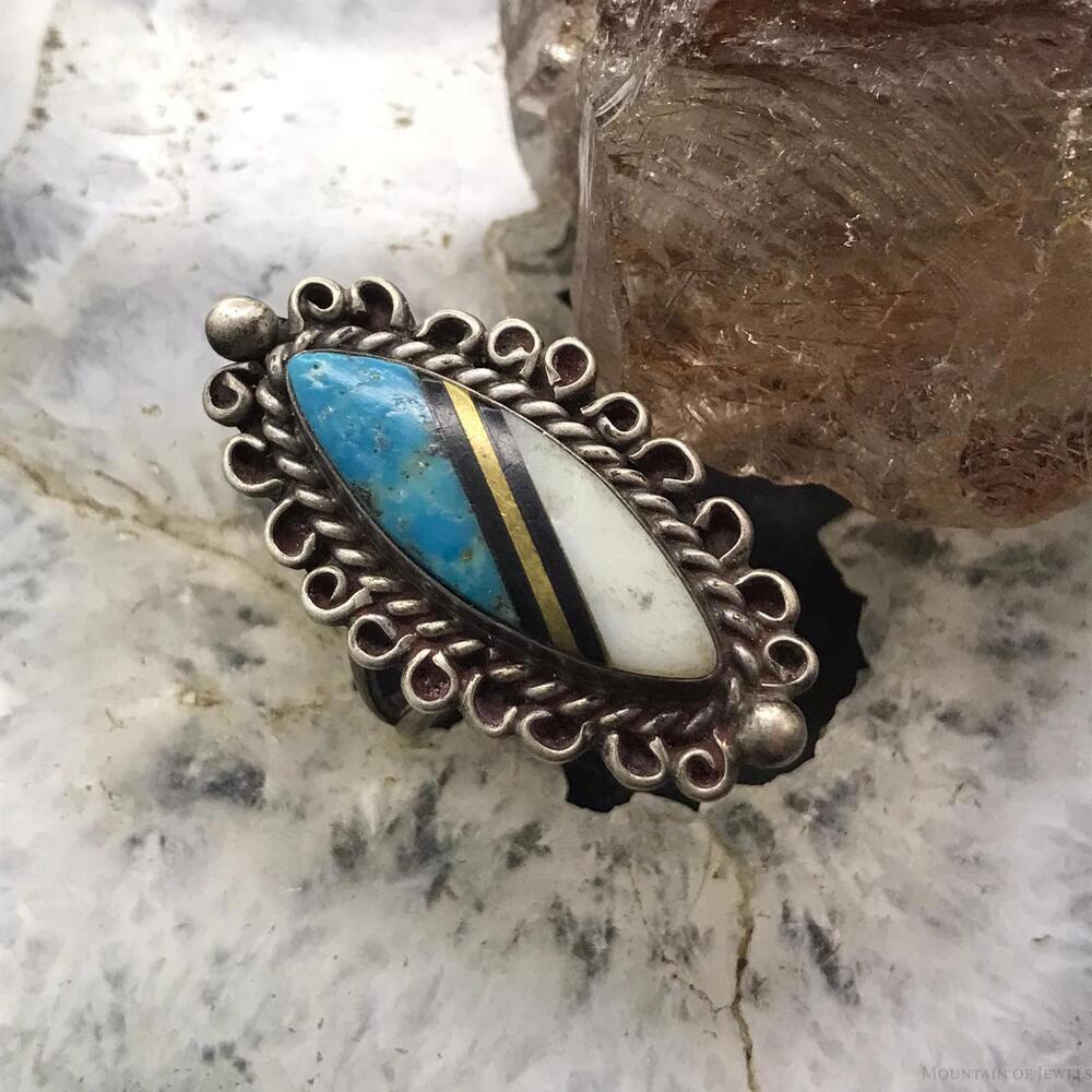 Vintage Native American Silver Marquise Multi Gemstone Inlay Ring Size 6.5